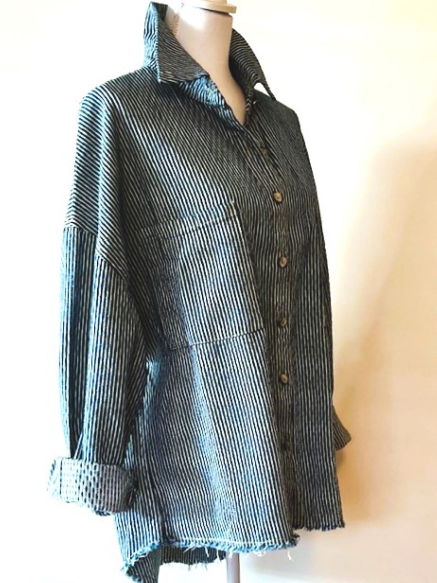 Long Sleeve Stripe Pattern Denim Over Shirt, The New Basic