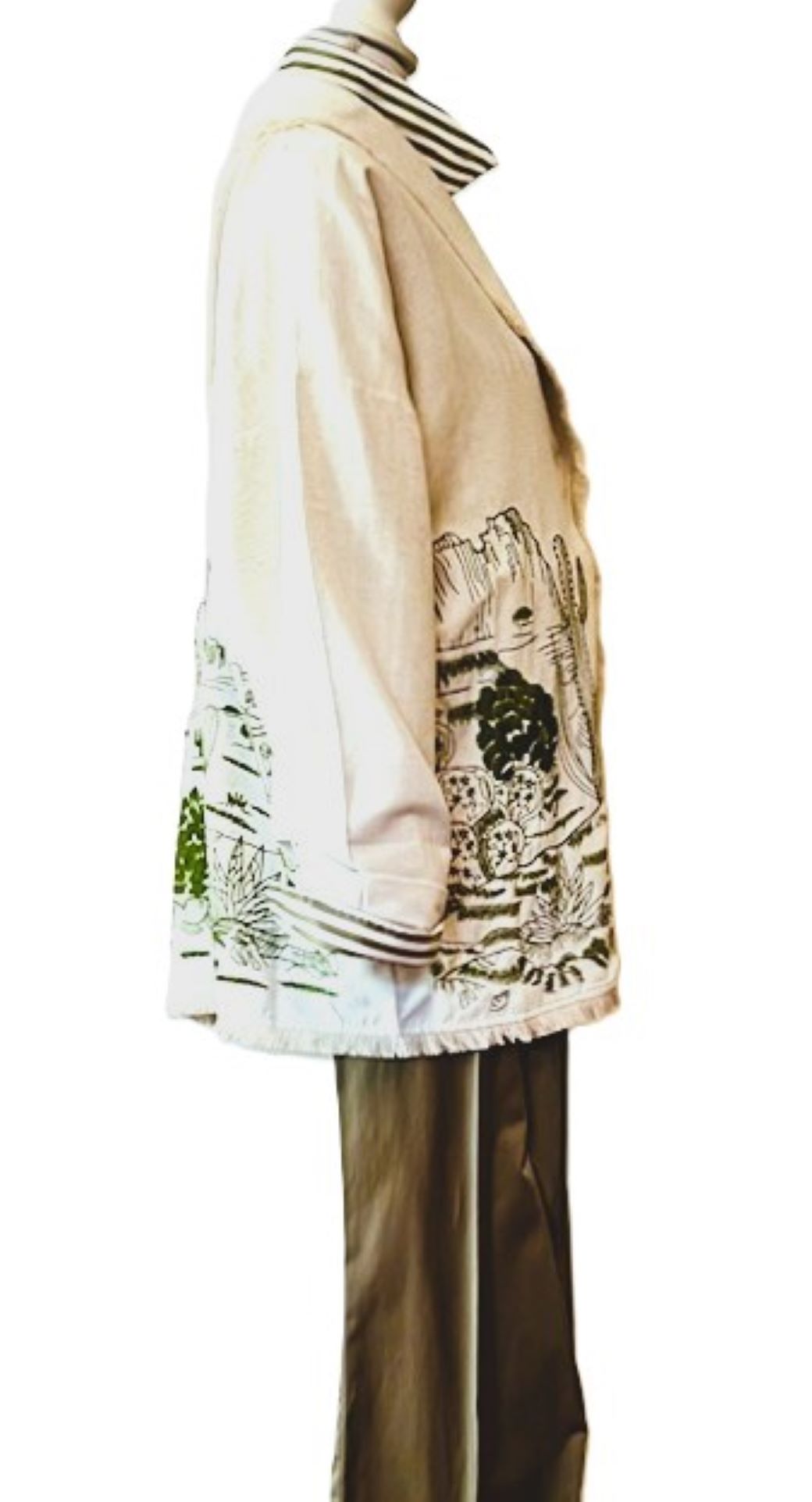 Embroidered Linen Jacket with Fringe Detailing. Desert Scene.