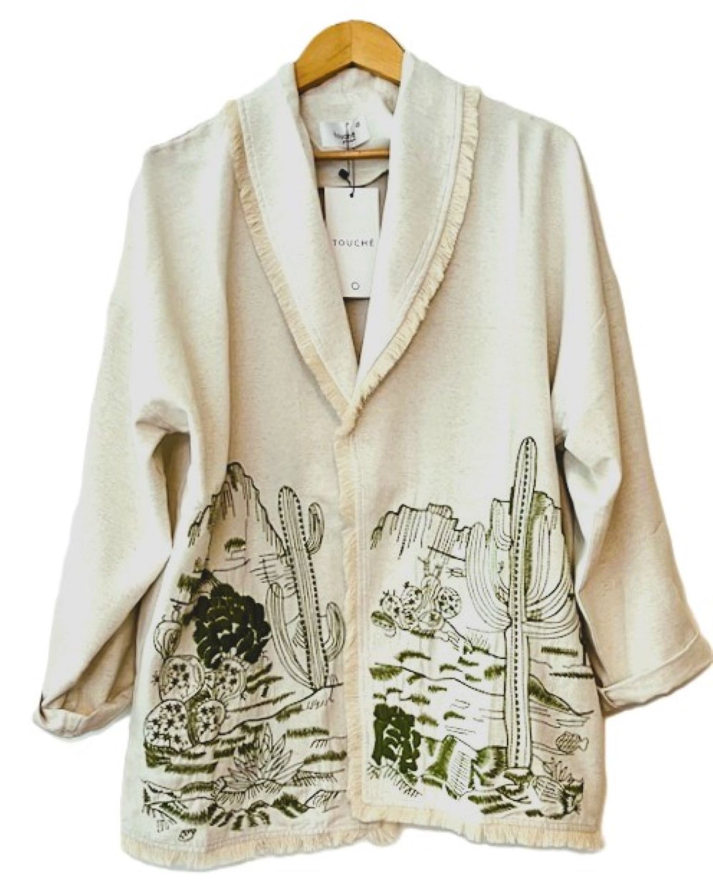 Embroidered Linen Jacket with Fringe Detailing. Desert Scene.