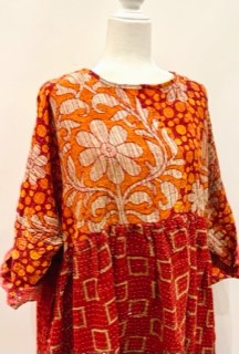 Artisan Kantha Quilt Float Dress. Comfortable and Very Chic (Bronze Red)