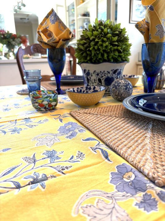 Floral Block Print Tablecloth, "Cornflower" Displays Spring Blooms. (60 X 90)