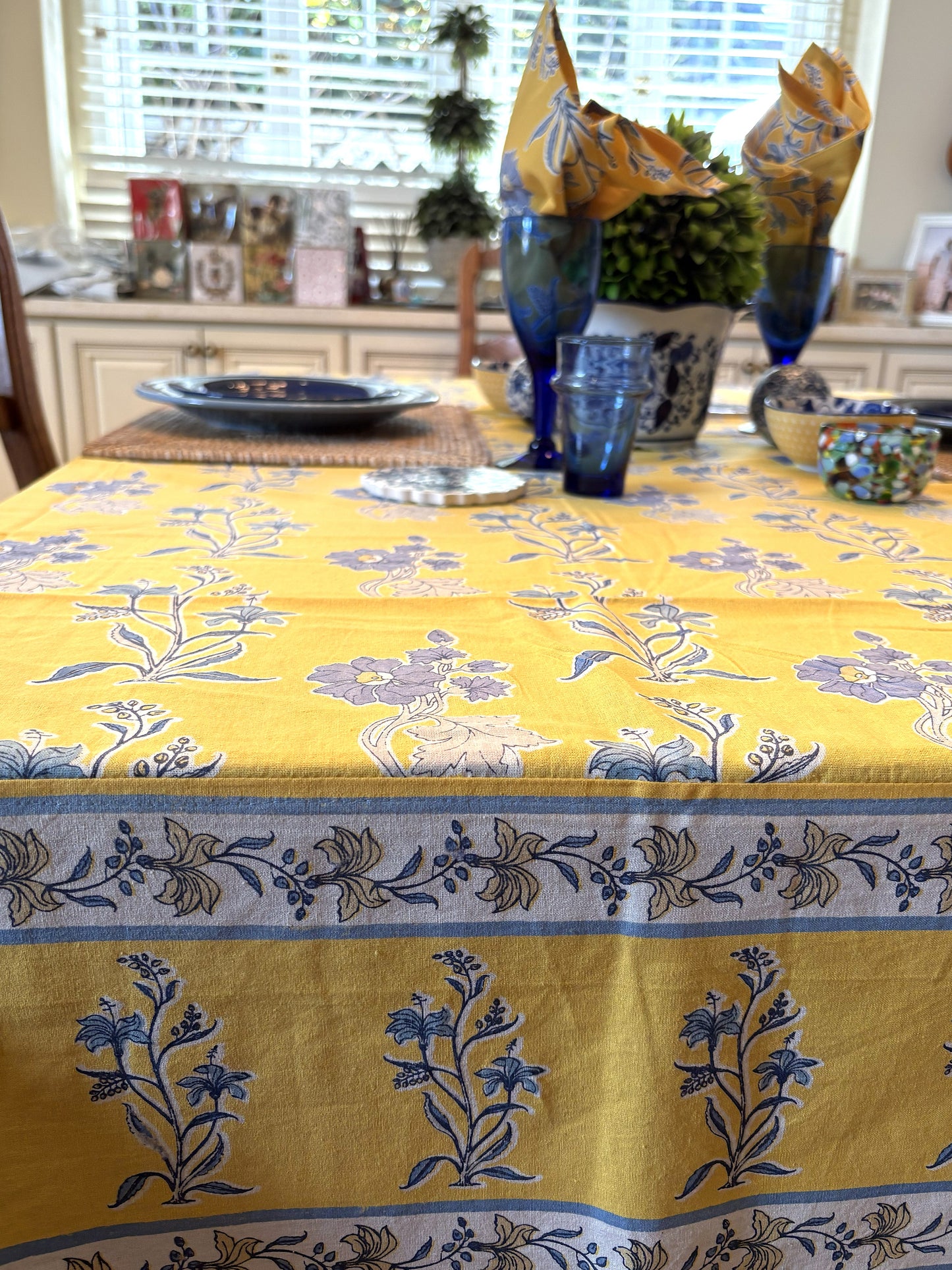 Floral Block Print Tablecloth, "Cornflower" Displays Spring Blooms. (60 X 90)