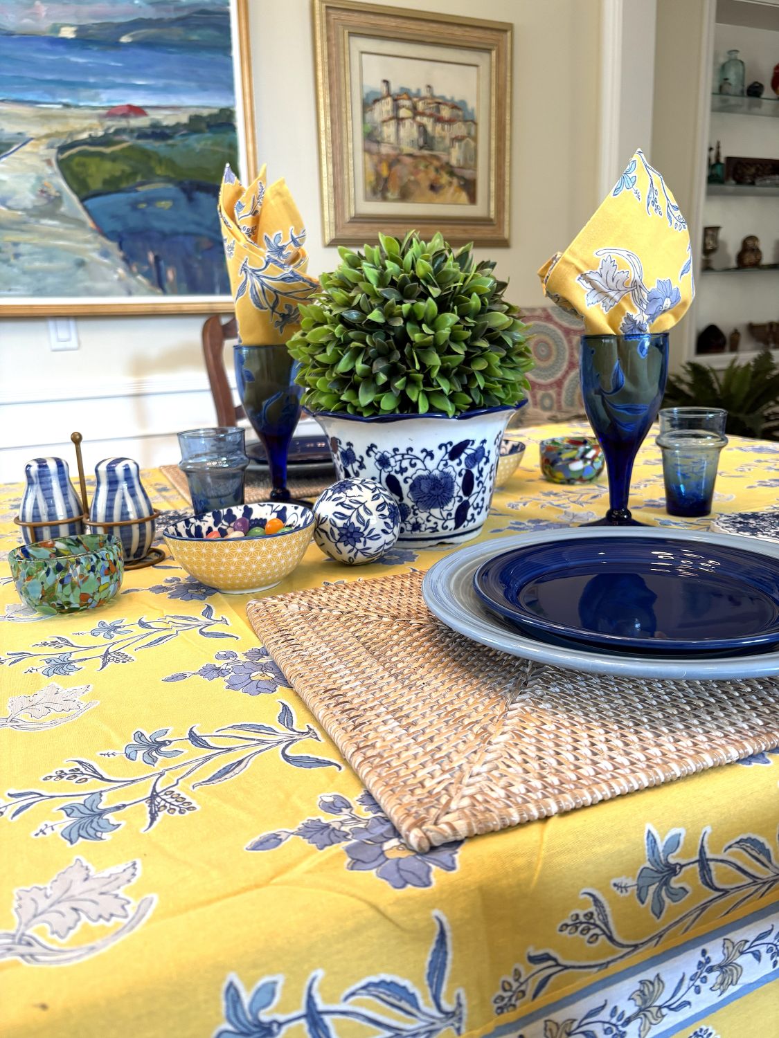 Floral Block Print Tablecloth, "Cornflower" Displays Spring Blooms. (60 X 90)