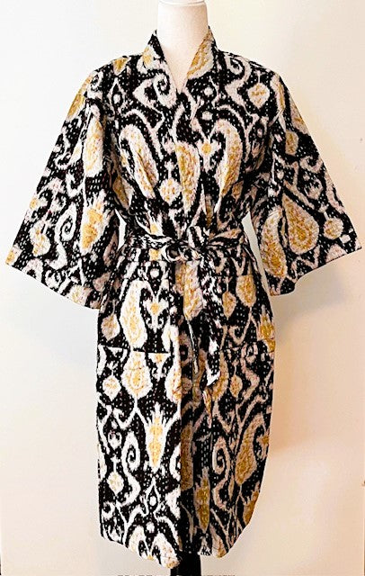 Short Designer Wrap Jacket. Black and White Ikat Pattern