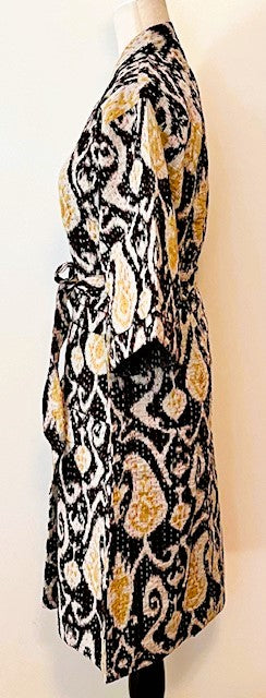 Short Designer Wrap Jacket. Black and White Ikat Pattern