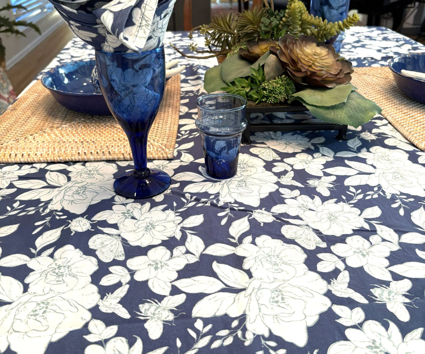 Floral Block Print Indigo Tablecloth, (60 X 90).