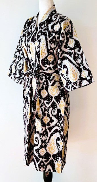 Short Designer Wrap Jacket. Black and White Ikat Pattern