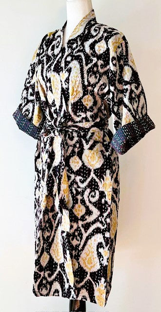 Short Designer Wrap Jacket. Black and White Ikat Pattern