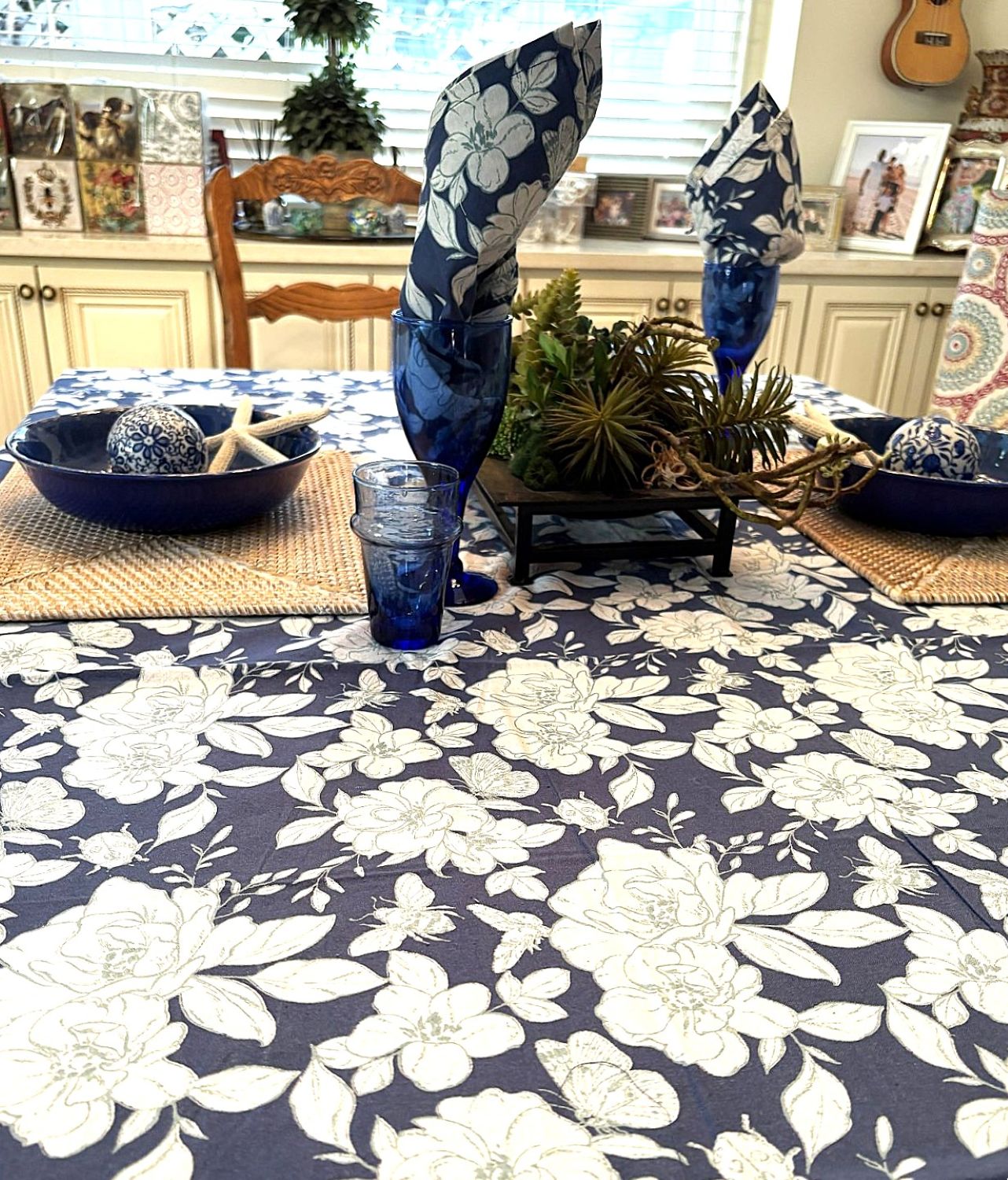 Floral Block Print Indigo Tablecloth, (60 X 90).