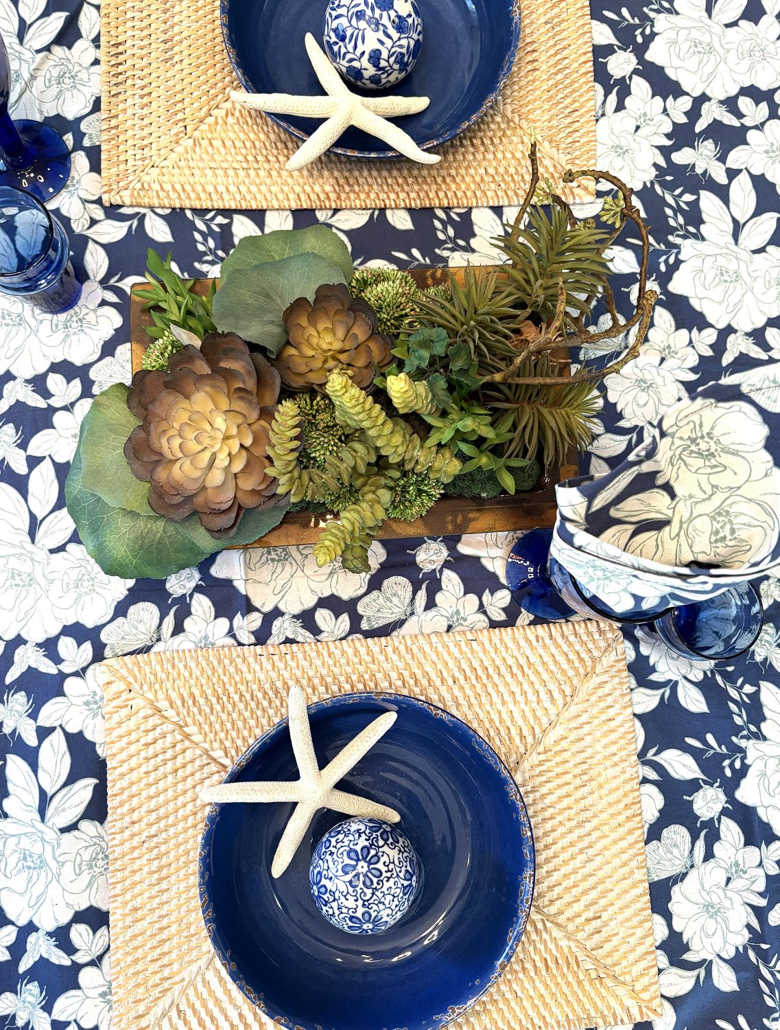 Floral Block Print Indigo Tablecloth, (60 X 90).