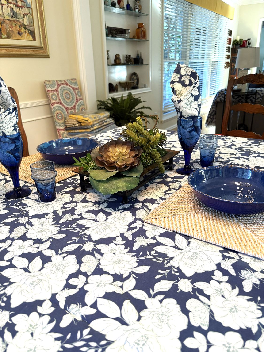 Floral Block Print Indigo Tablecloth, (60 X 90).