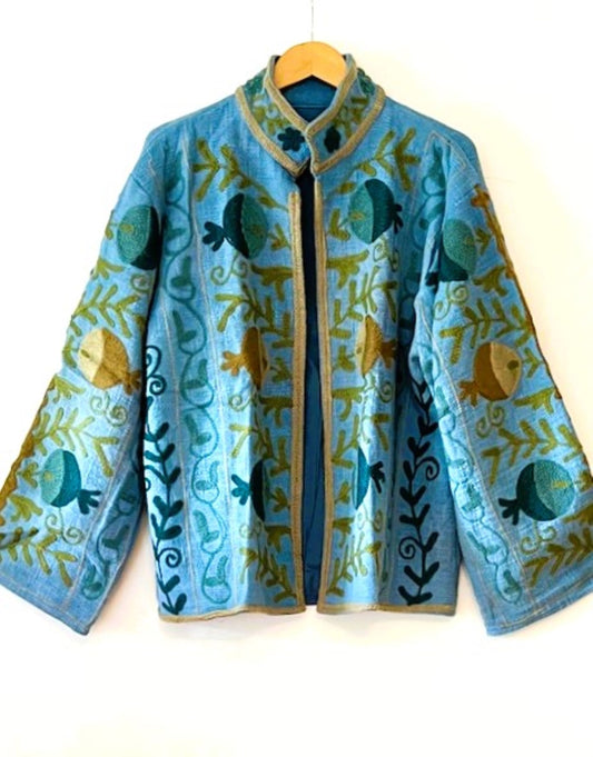 Wearable Art In This Hand Embroidered Short Jacket.  (Royal Blue)