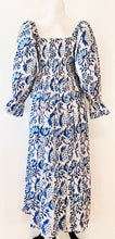 Feminine Smocked Cotton Block Print Midi Dress Is A Best Seller (Blue Floral)