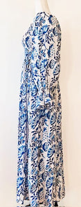 Feminine Smocked Cotton Block Print Midi Dress Is A Best Seller (Blue Floral)
