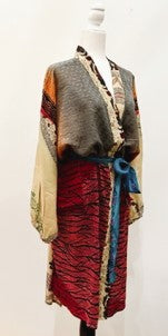 Top of the Line Silk Kimono Duster,  Rich Mixed Print (Bronze)