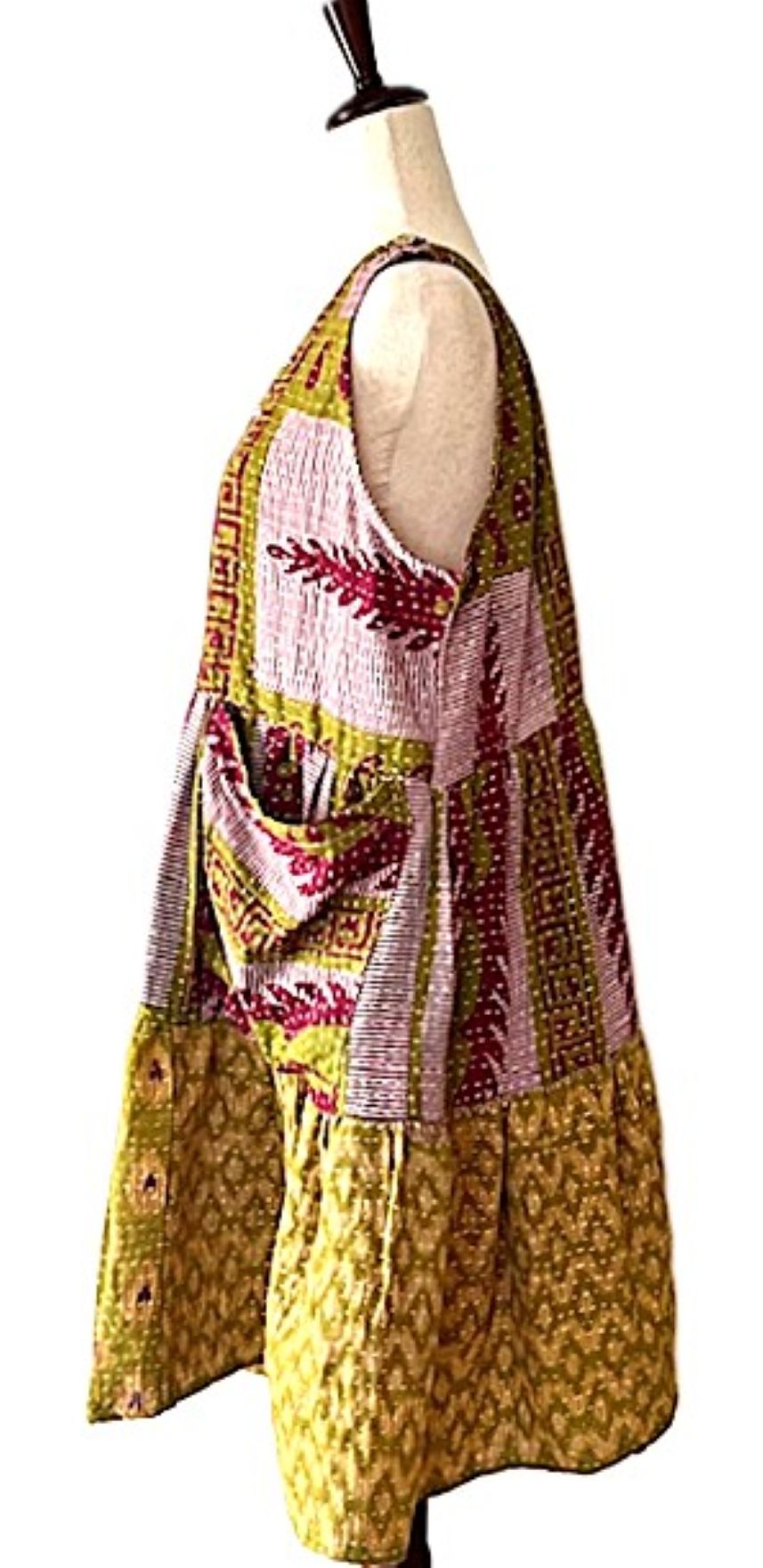 Kantha Bae Quilted Meadow Mini Dress. Comfortable Chic (Pink Olive)