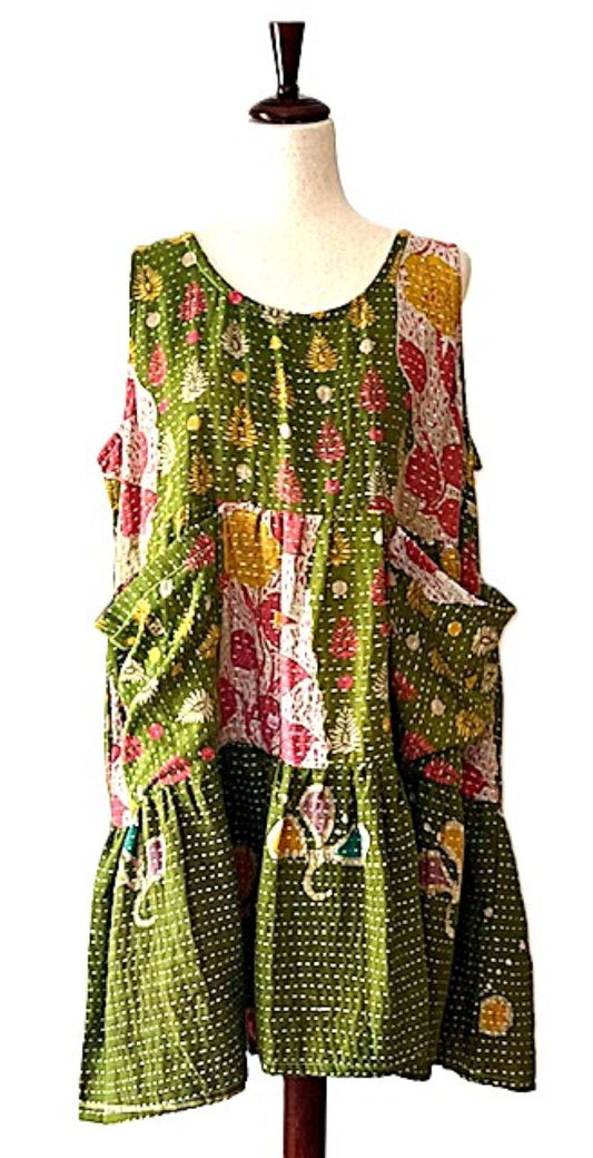 Kantha Bae Quilted Meadow Mini Dress. Comfortable Chic (Olive Pink)