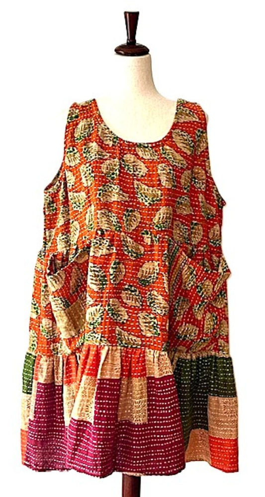 Kantha Bae Quilted Meadow Mini Dress. Comfortable Chic (Bronze Red)
