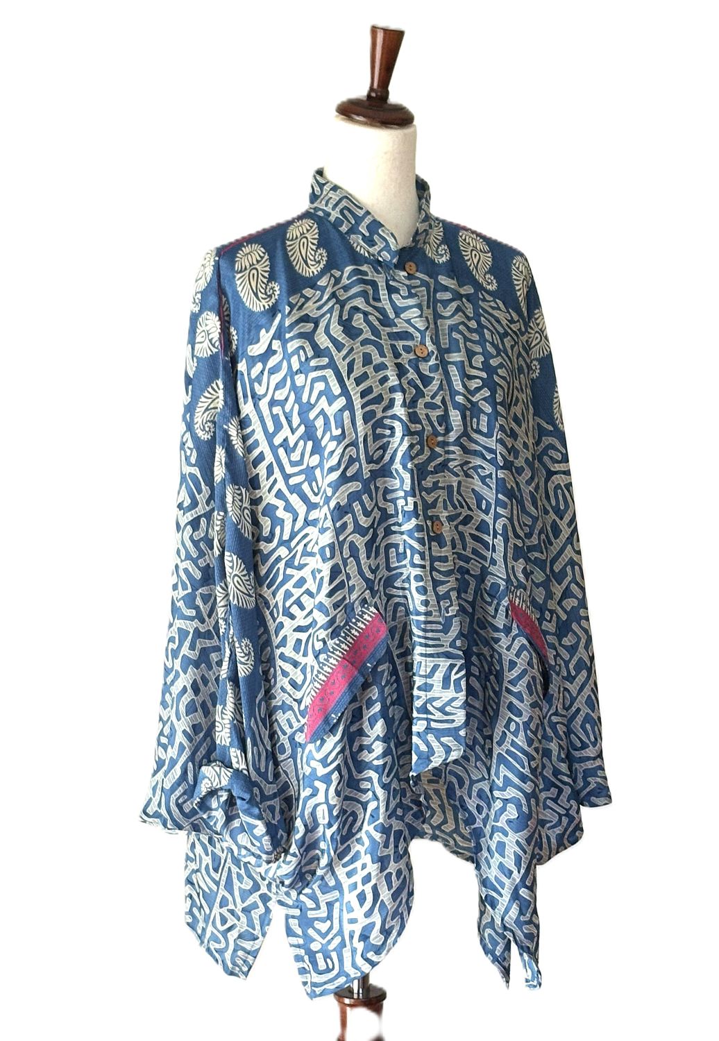 Kantha Bae Dylan Button Down Silk Top: (Blue)