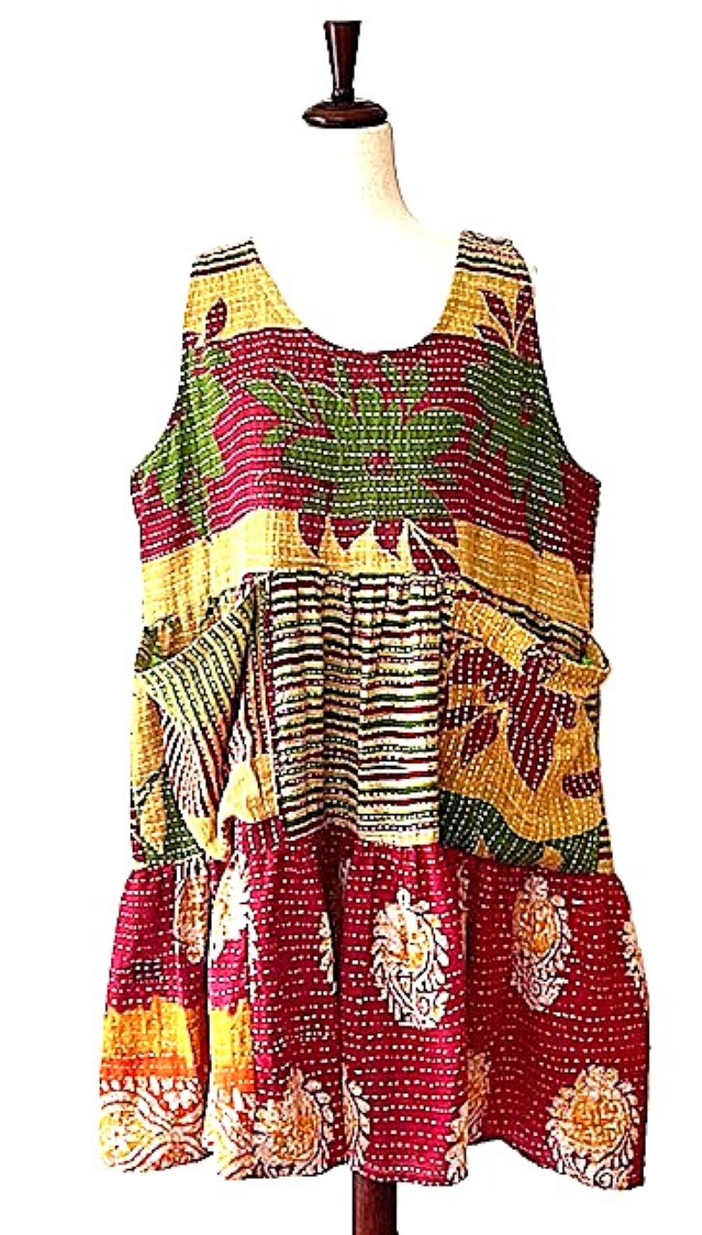 Kantha Bae Quilted Meadow Mini Dress. Comfortable Chic (Olive Red)