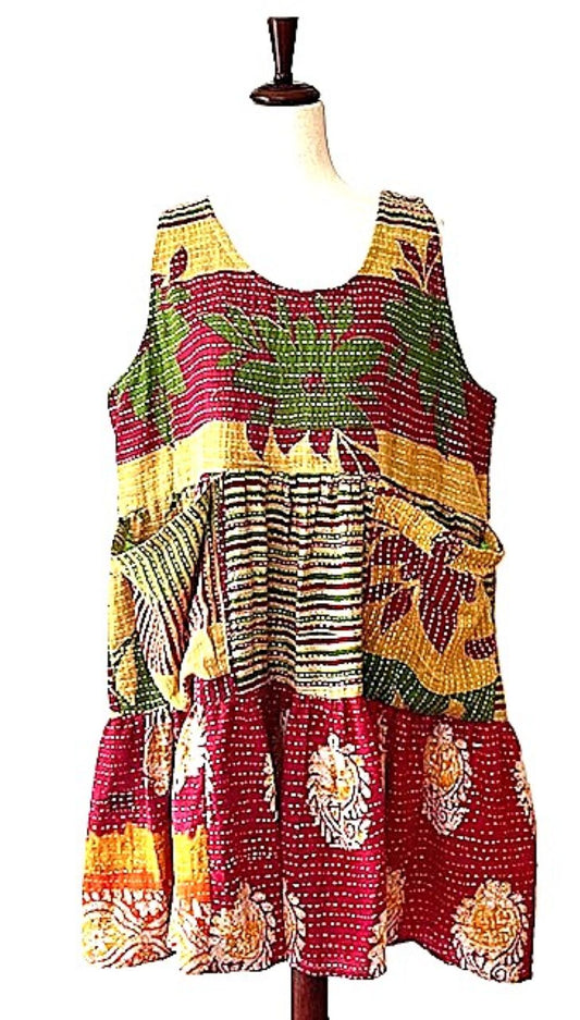 Kantha Bae Quilted Meadow Mini Dress. Comfortable Chic (Olive Red)
