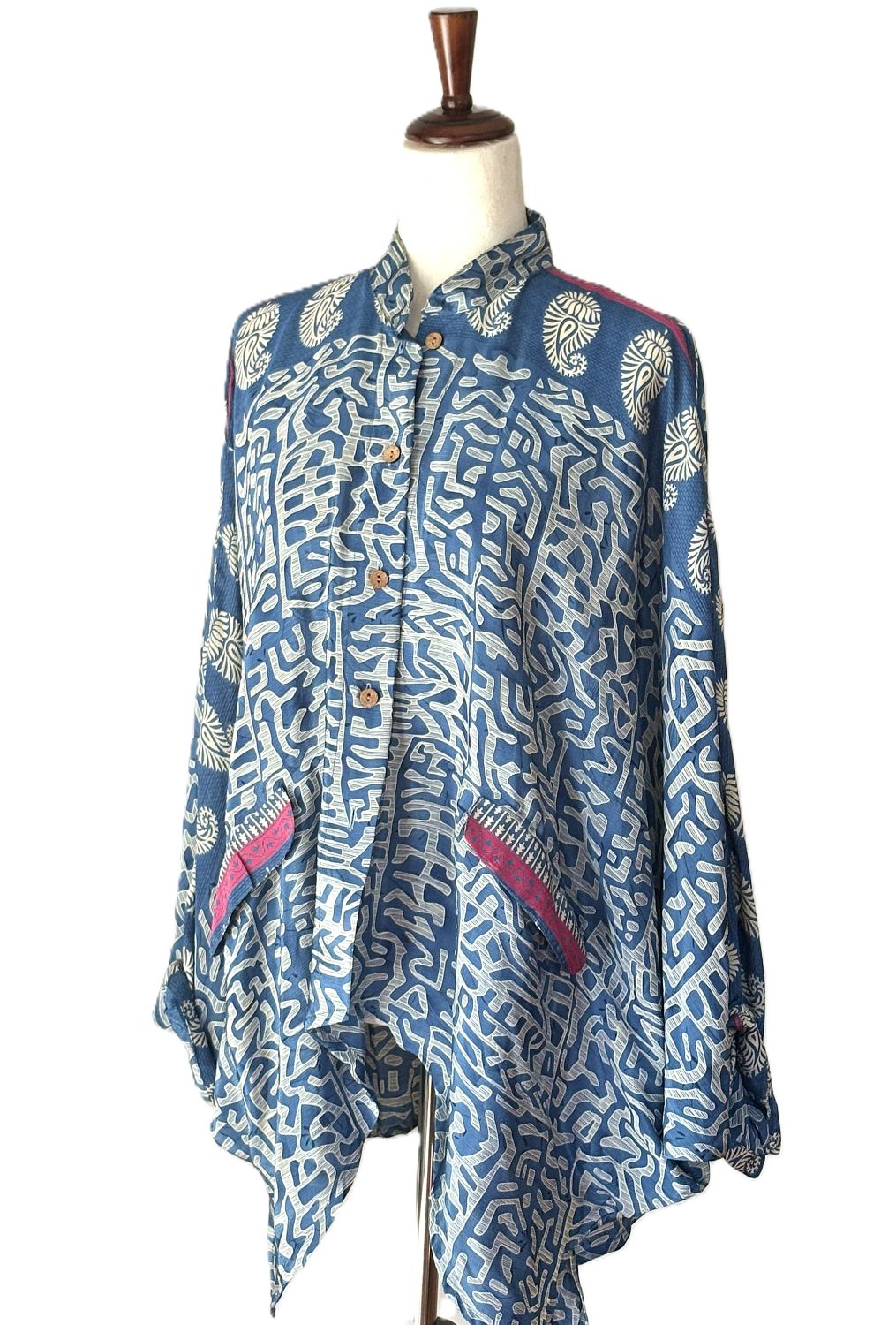 Kantha Bae Dylan Button Down Silk Top: (Blue)