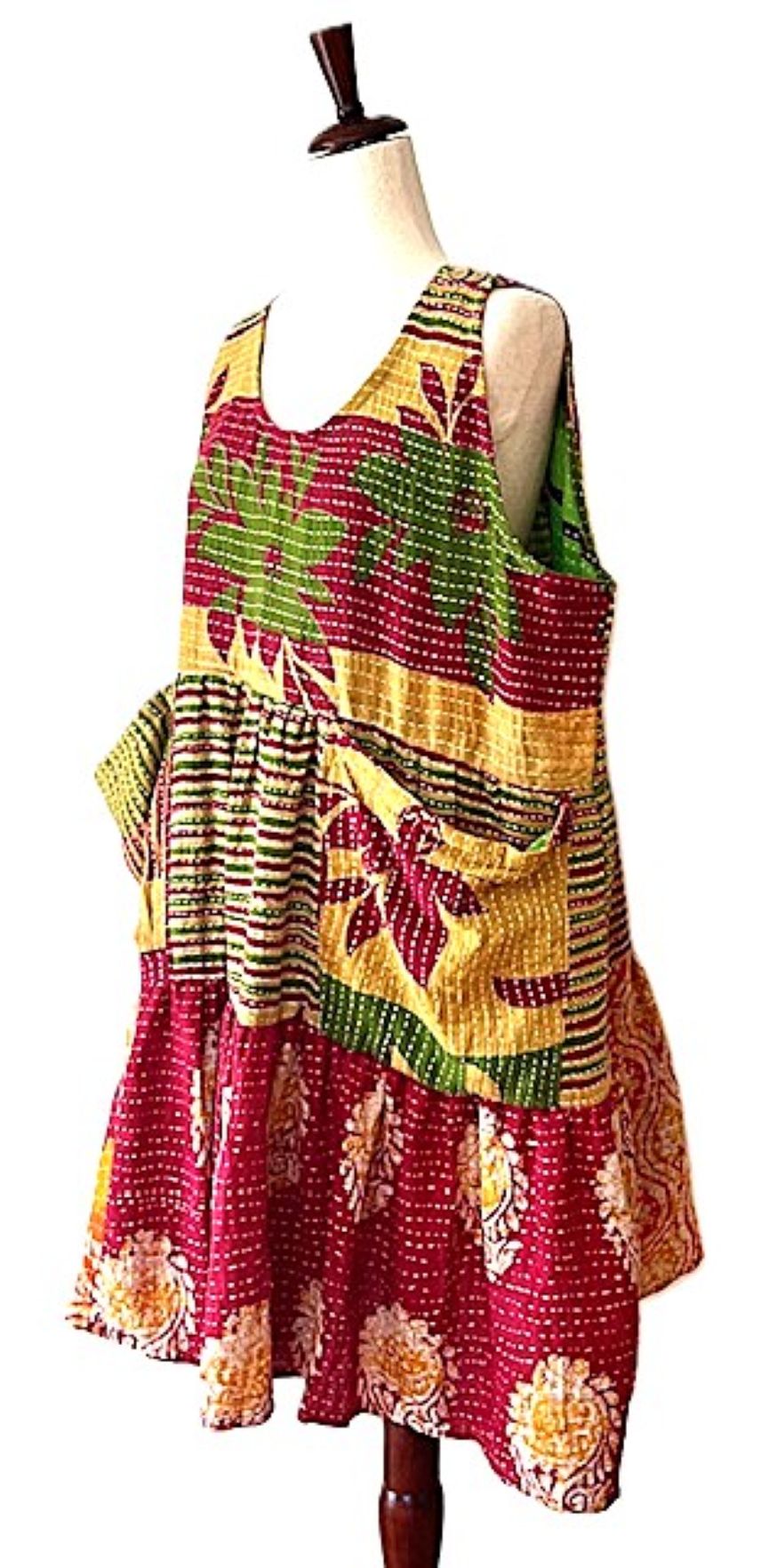 Kantha Bae Quilted Meadow Mini Dress. Comfortable Chic (Olive Red)