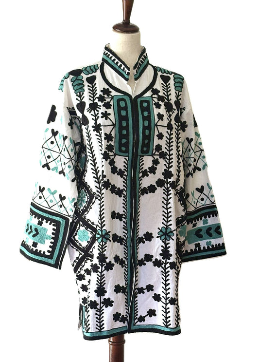 Jacket - Wearable Art, Embroidered, Boho Kimono: Handmade (Black, Turquoise on White)