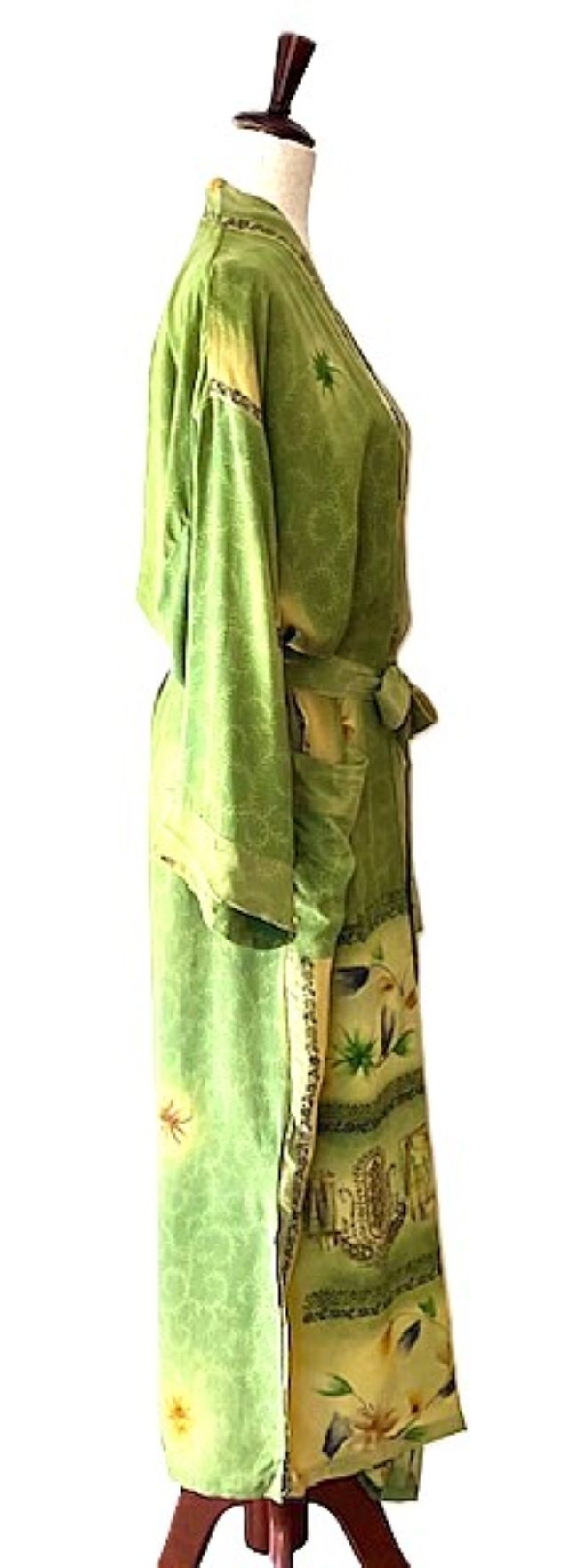 Long Silk Kimono Duster,  Dramatic Print Is Perfect For Layering. (Avocado)