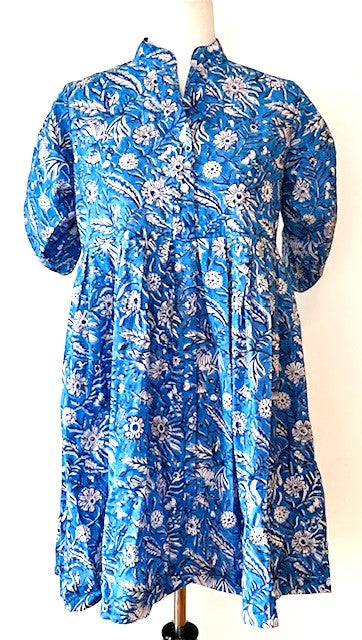 Floral Block Print Cotton Dress Looks Crisp in a Royal Blue and White Print