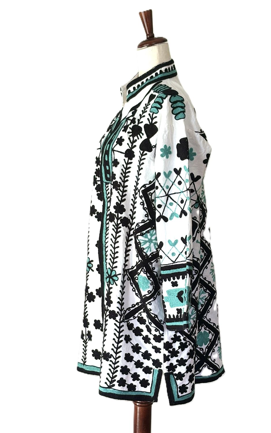 Jacket - Wearable Art, Embroidered, Boho Kimono: Handmade (Black, Turquoise on White)