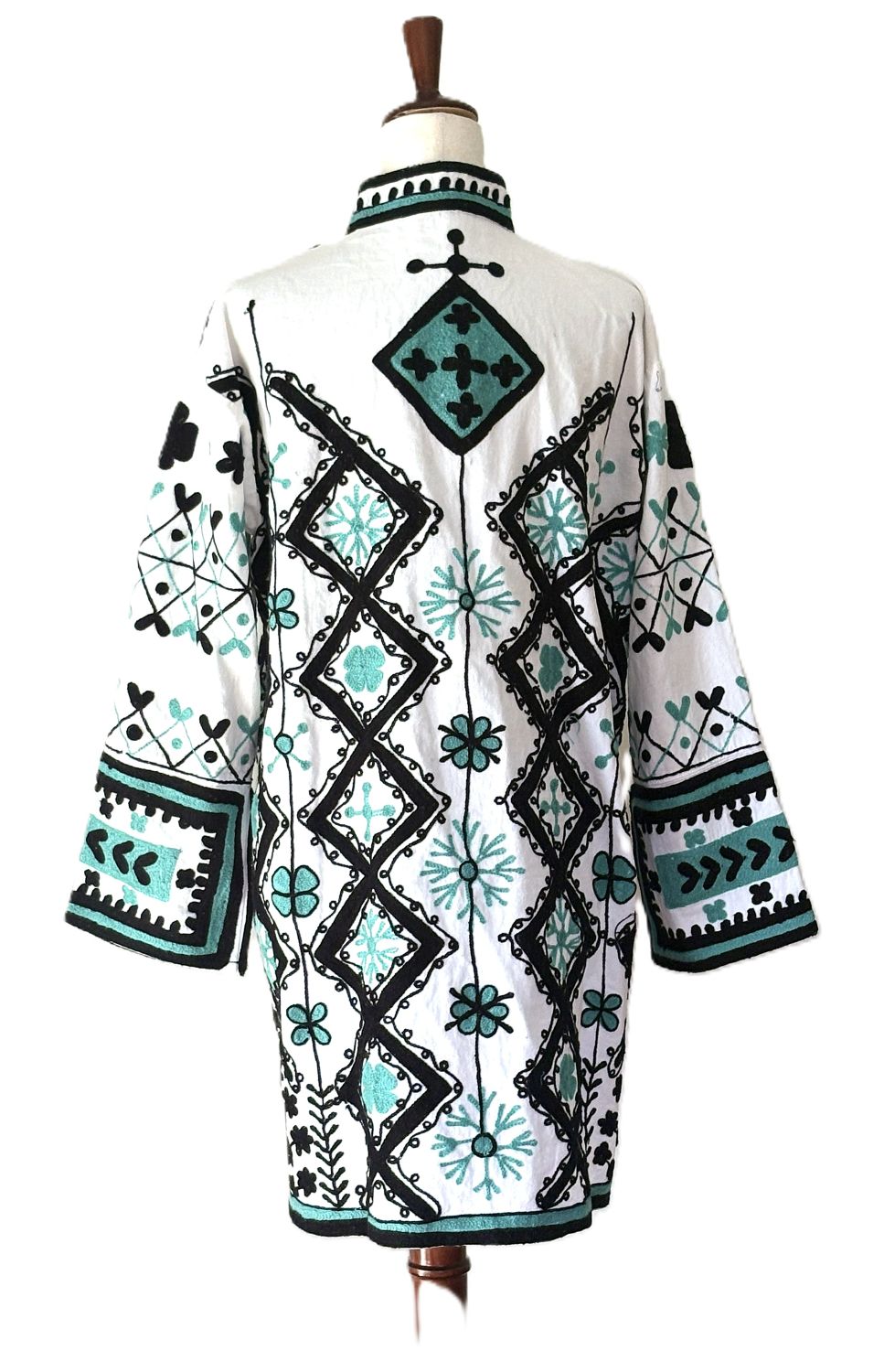 Jacket - Wearable Art, Embroidered, Boho Kimono: Handmade (Black, Turquoise on White)