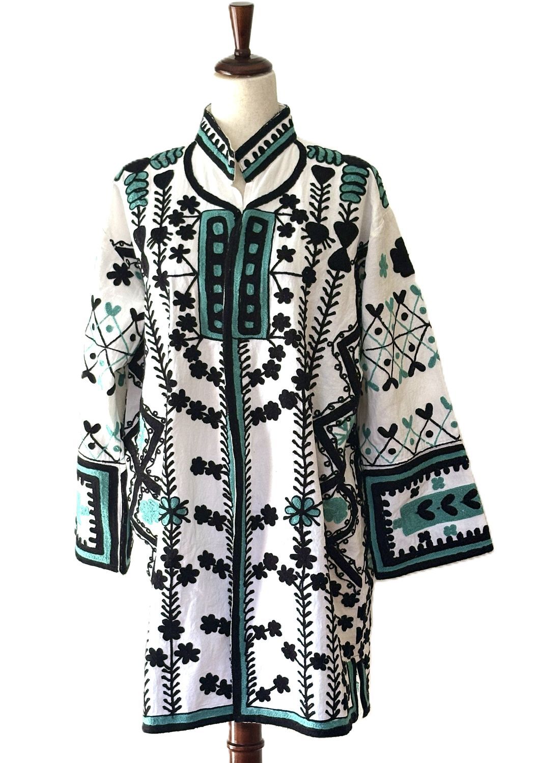 Jacket - Wearable Art, Embroidered, Boho Kimono: Handmade (Black, Turquoise on White)