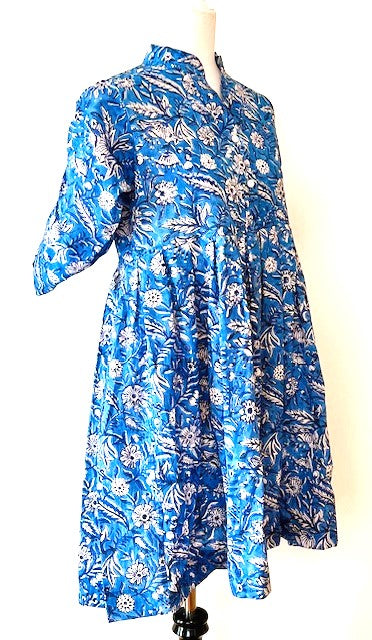 Floral Block Print Cotton Dress Looks Crisp in a Royal Blue and White Print