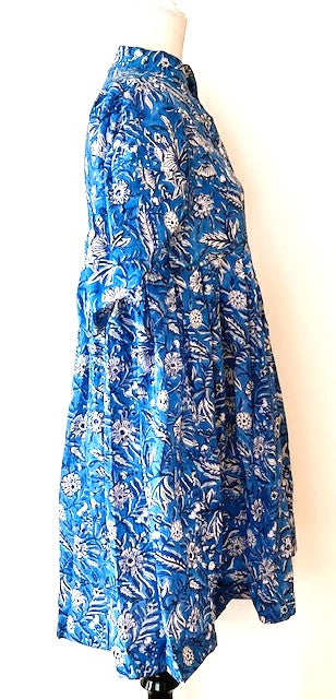 Floral Block Print Cotton Dress Looks Crisp in a Royal Blue and White Print