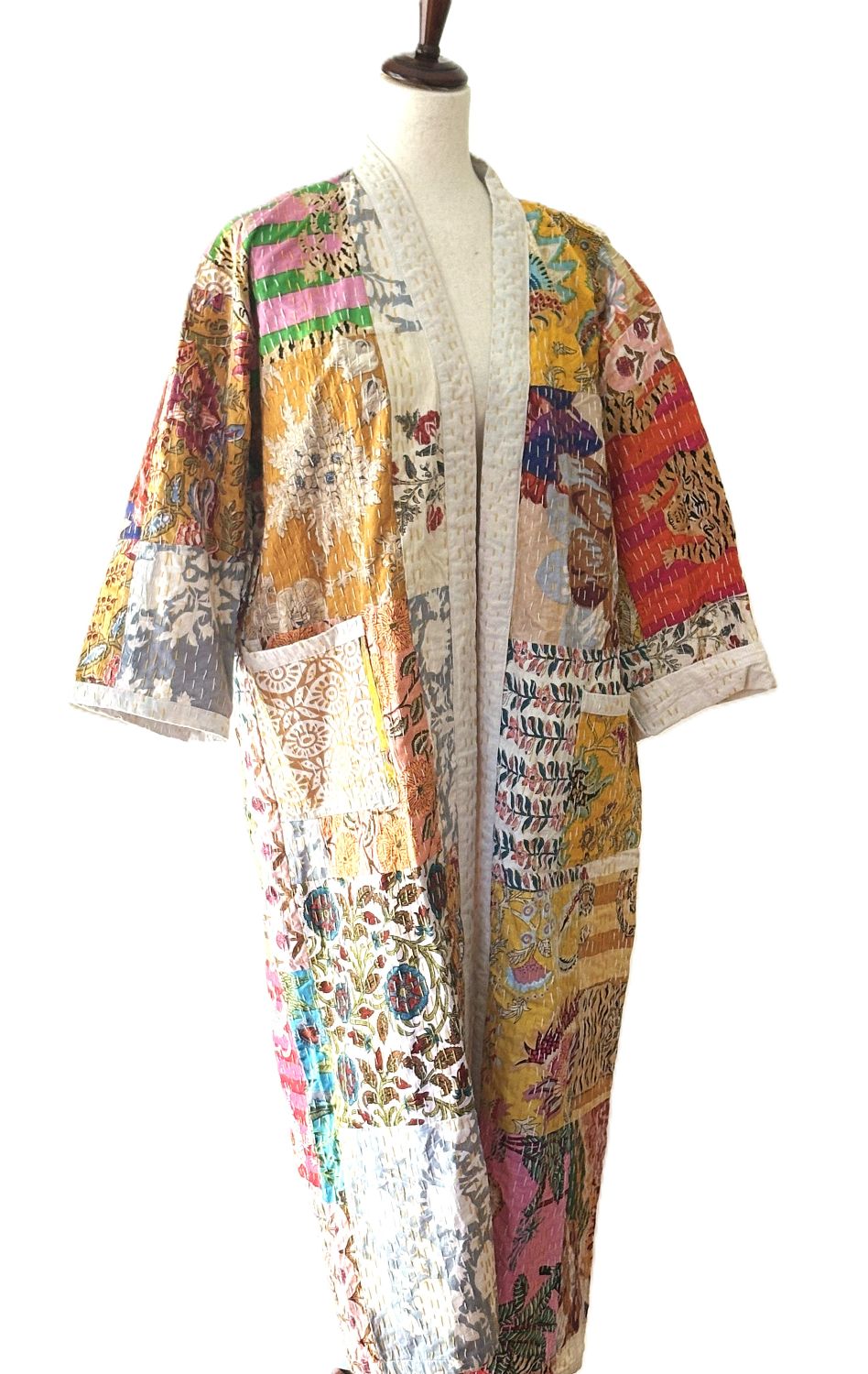 Contemporary Long Patchwork Cotton Kimono With Kantha Embroidery. (Multicolor)