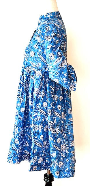 Floral Block Print Cotton Dress Looks Crisp in a Royal Blue and White Print