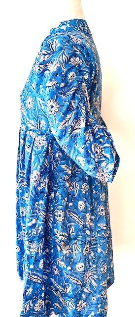 Floral Block Print Cotton Dress Looks Crisp in a Royal Blue and White Print