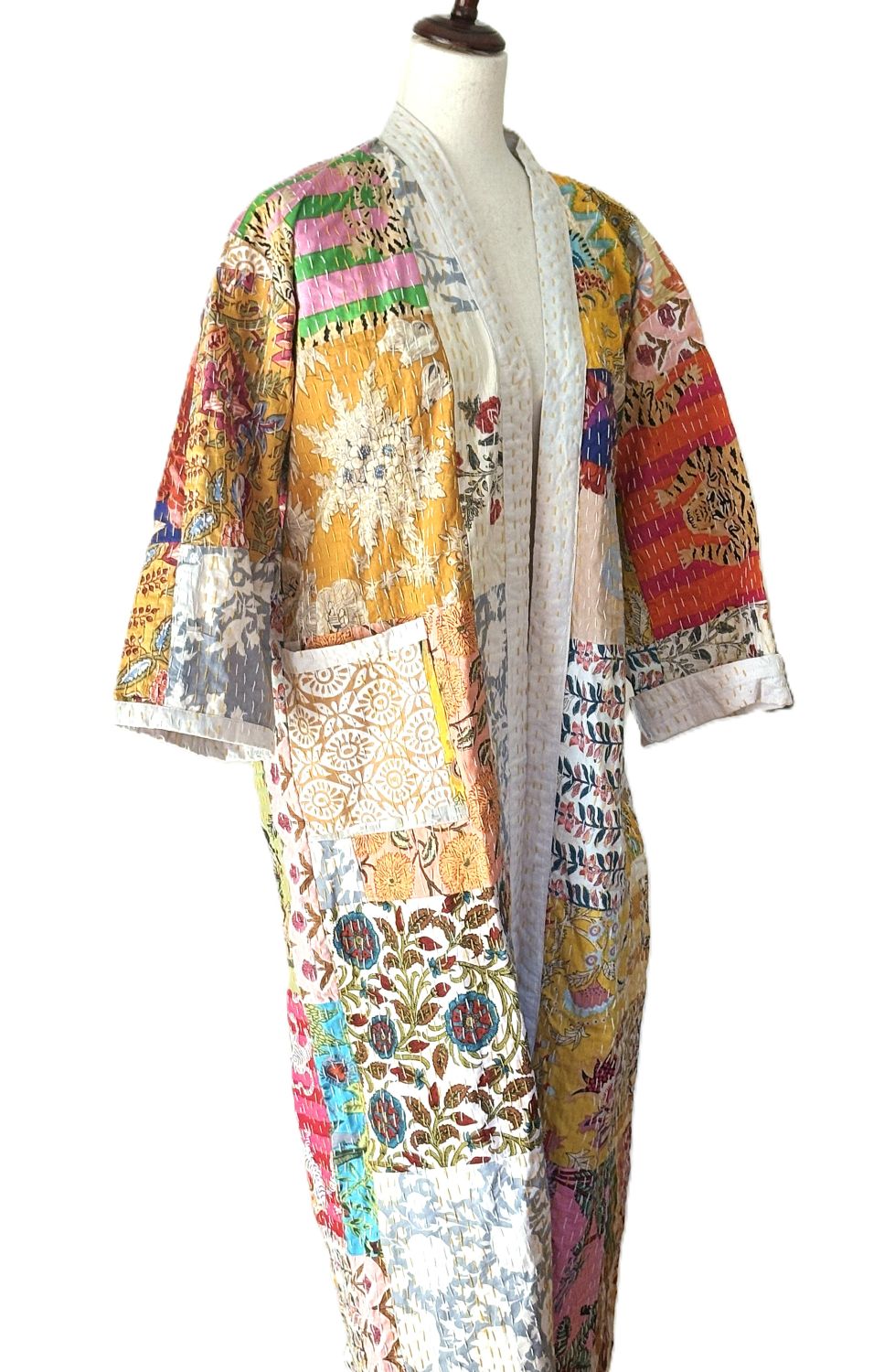 Contemporary Long Patchwork Cotton Kimono With Kantha Embroidery. (Multicolor)
