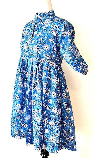 Floral Block Print Cotton Dress Looks Crisp in a Royal Blue and White Print