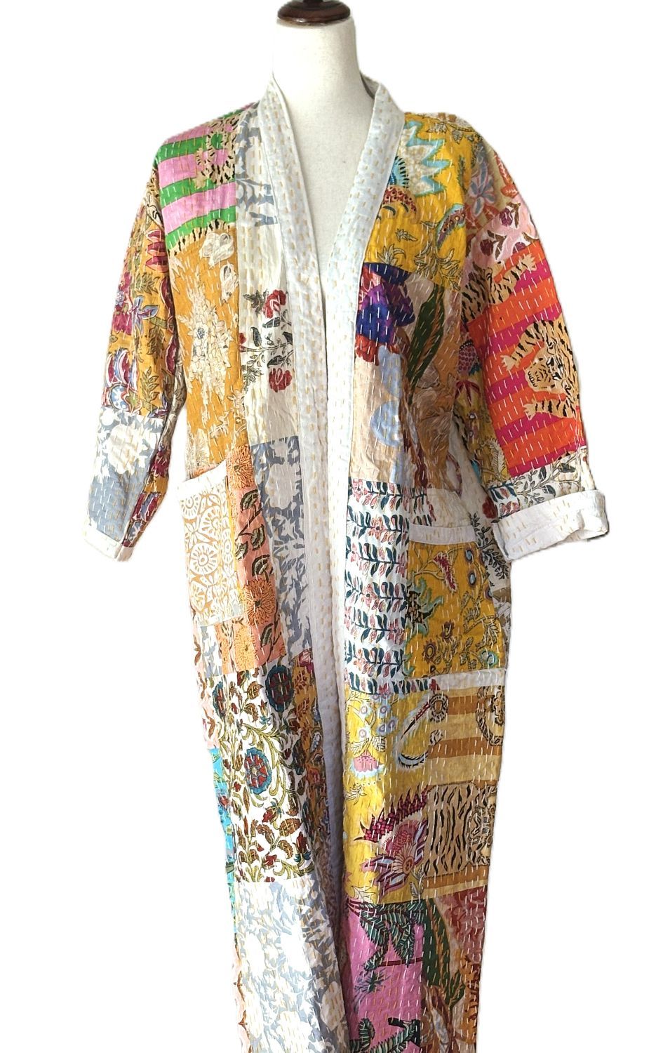 Contemporary Long Patchwork Cotton Kimono With Kantha Embroidery. (Multicolor)