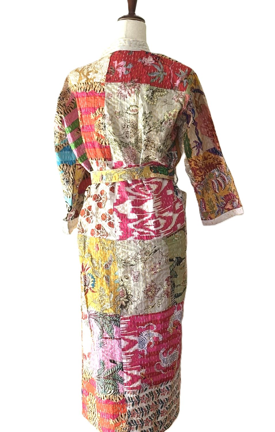 Contemporary Long Patchwork Cotton Kimono With Kantha Embroidery. (Multicolor)