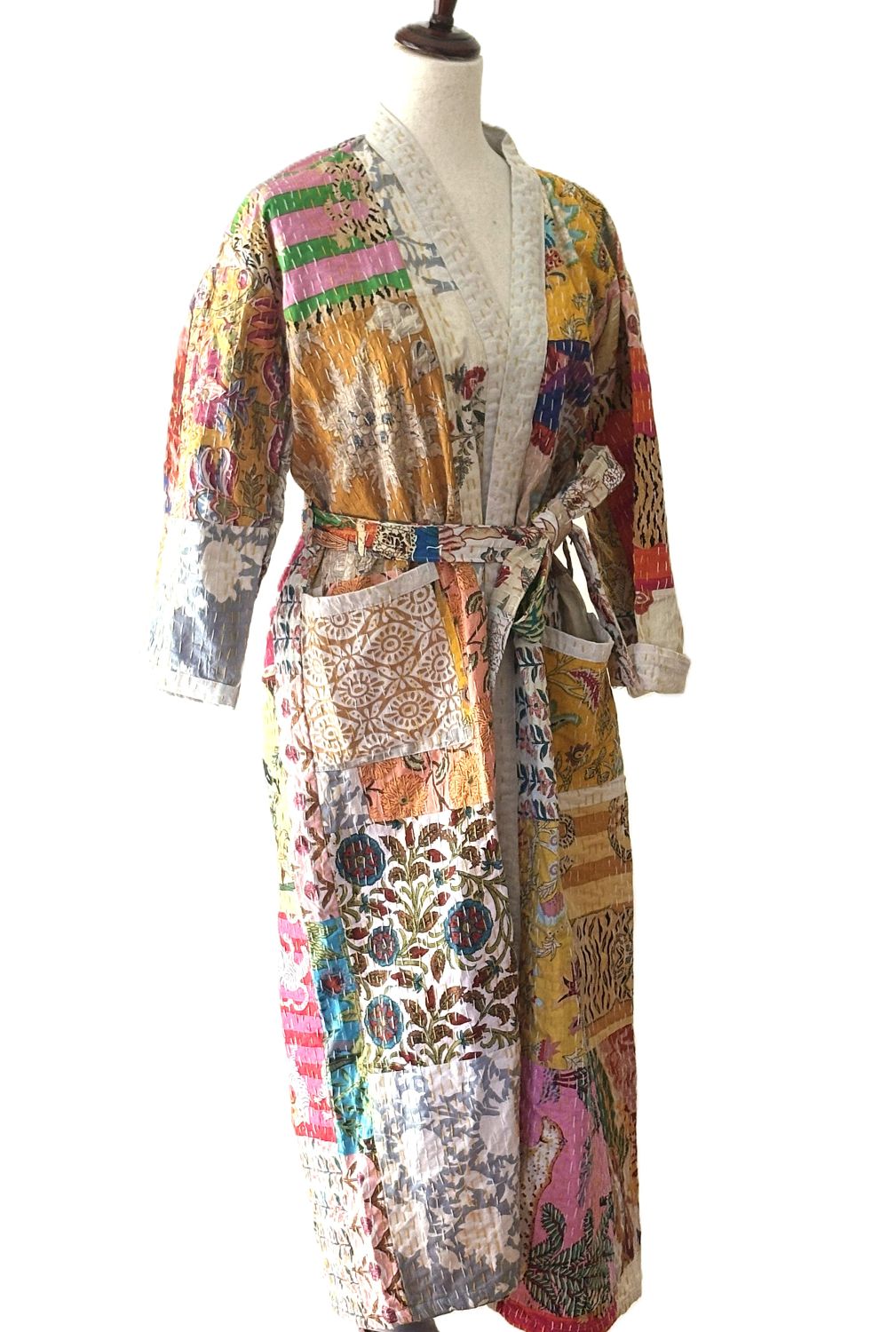 Contemporary Long Patchwork Cotton Kimono With Kantha Embroidery. (Multicolor)