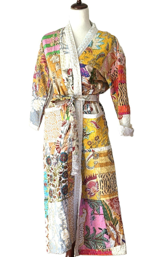 Contemporary Long Patchwork Cotton Kimono With Kantha Embroidery. (Multicolor)