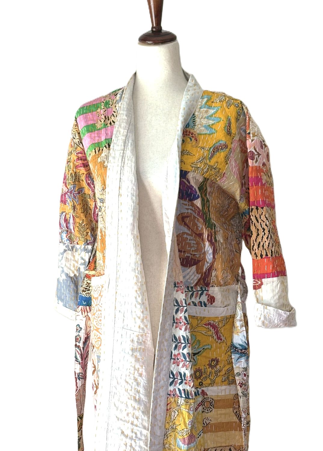 Contemporary Long Patchwork Cotton Kimono With Kantha Embroidery. (Multicolor)