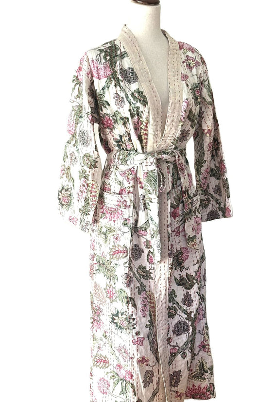 Long Floral Cotton Kimono With Kantha Embroidery. (White Multicolor)
