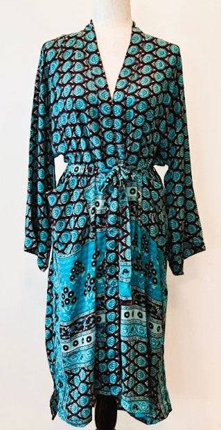 Luxury Silk Print Kimono Duster Is Seductive in Turquoise