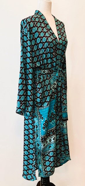 Luxury Silk Print Kimono Duster Is Seductive in Turquoise