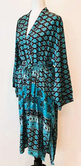 Luxury Silk Print Kimono Duster Is Seductive in Turquoise