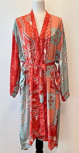 Luxury Silk Mixed Print Kimono Duster Is Seductive (Peach)